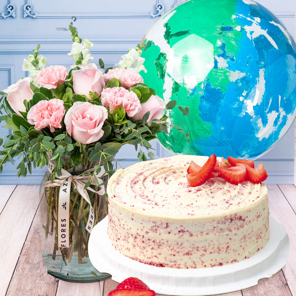 Campo Rosa - con Pastel Red Velvet y Globo Explosión Azul y Verde