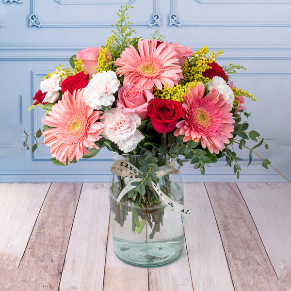 Colores Alegres - Gerbera Rosa, Rosa Roja y Clarita