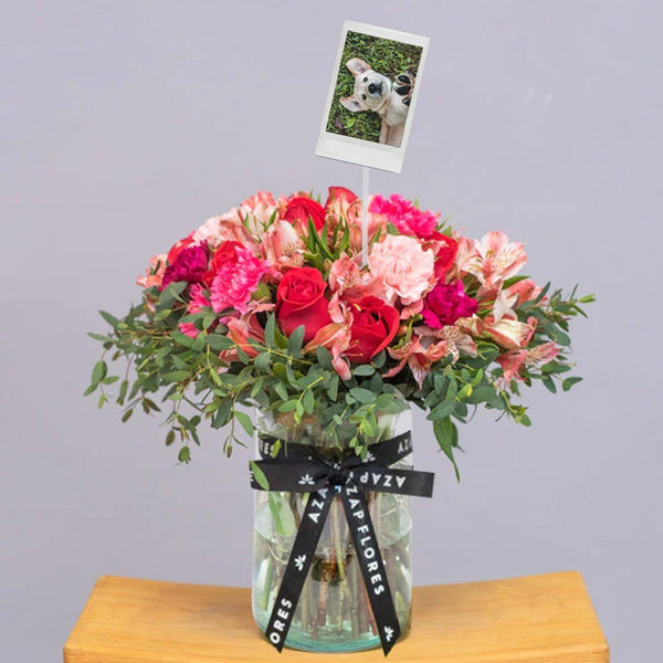 Enamorados con Foto Personalizada - Rosa Roja y Astromelia Rosa