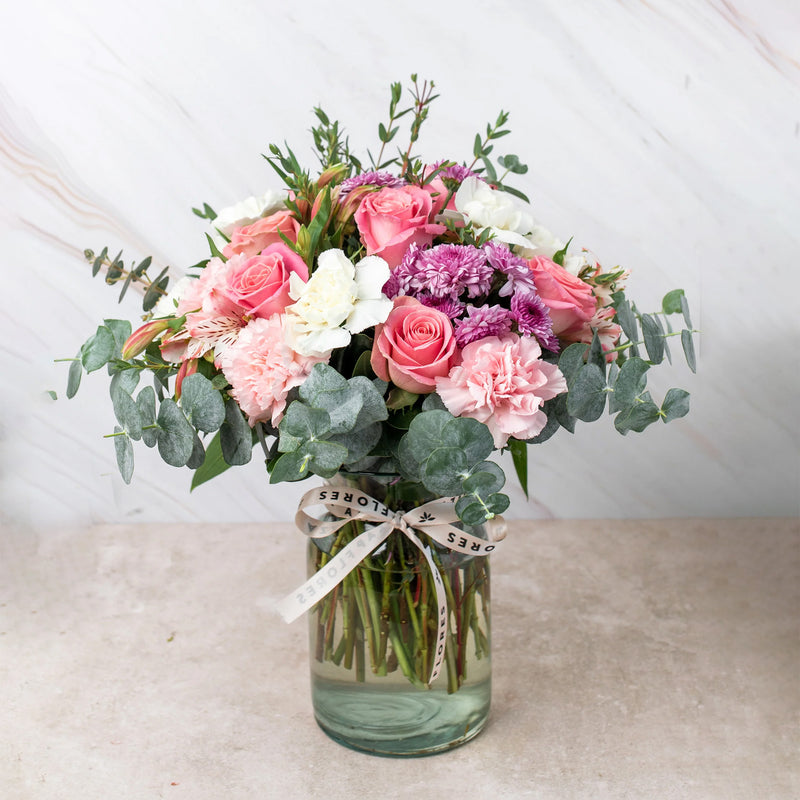 Fuego - Rosa, Clavel Rosa, Blanco, Moreliana y Astromelia Rosa