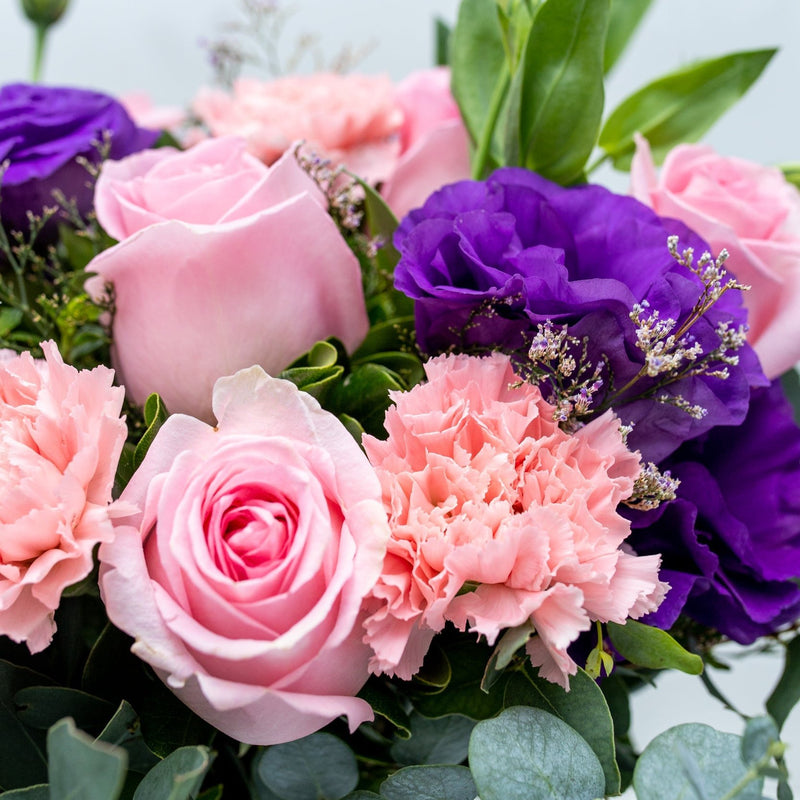 Nobleza - Rosa Clarita, Lisianthus Morado y Clavel Rosa