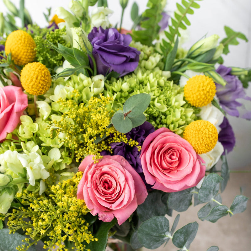 Amor Propio - Rosa Clarita, Clavel Blanco, Hortensia, Lisianthus, Craspedia y Perrito Blanco